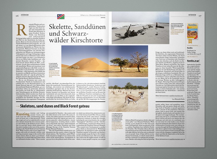 Magazin-Doppelseite zum Thema Tourismus in Namibia